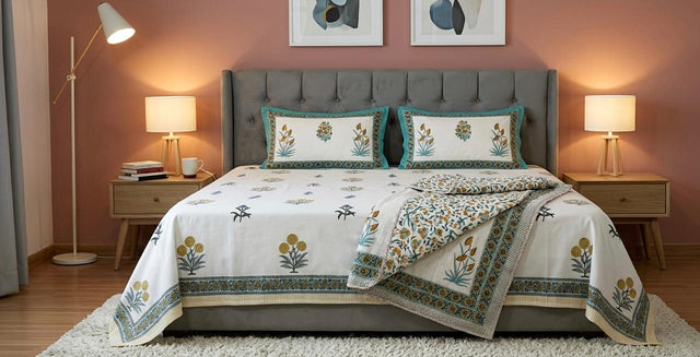 Elevate Your Bedroom with the PERCALE HANDBLOCK COLLECTION
Transform your sleep sanctuary with the timeless elegance of our Percale Handblock Collection. Designed for those who appreciate the artistry of traditional craftsmanship paired with modern luxury, this King Size Bedspread set brings a touch of heritage to your home.